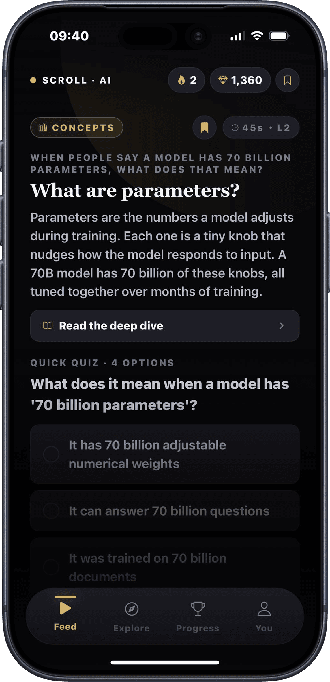 The Scroll: Learn AI daily feed showing a one minute lesson on what AI parameters are, with a quick quiz