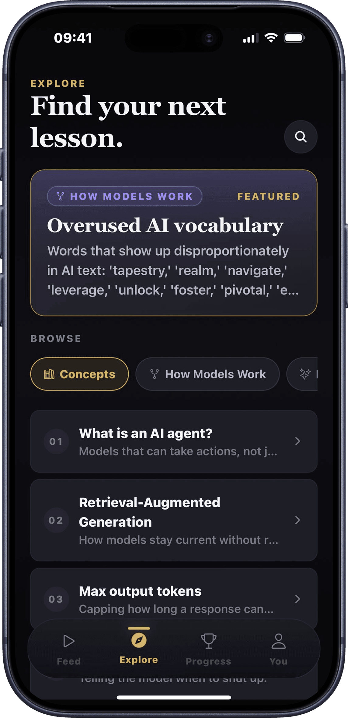 The Explore screen showing the eight Scroll tracks: Concepts, How Models Work, Prompting, and more