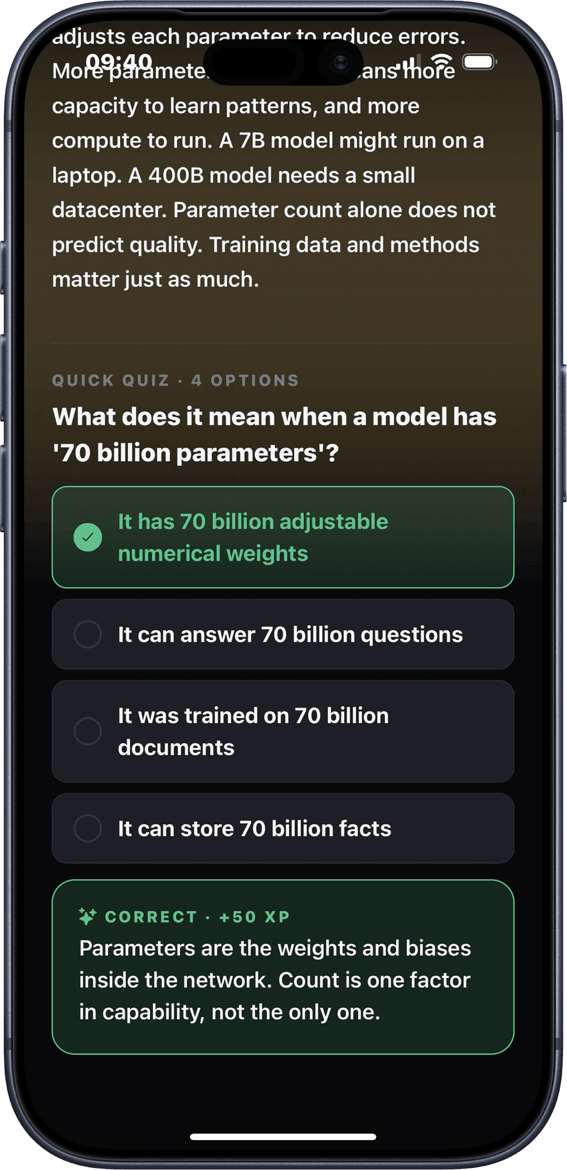 A quick check quiz screen showing a correct answer and plus fifty XP inside Scroll