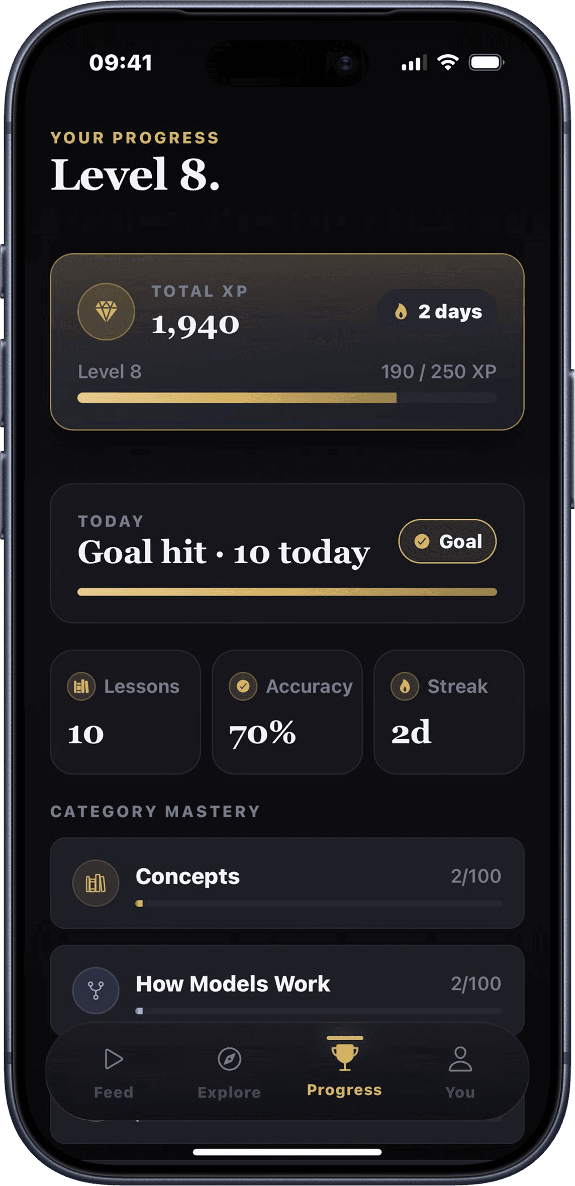 A progress screen showing Level 8, total XP, accuracy, streak, and category mastery