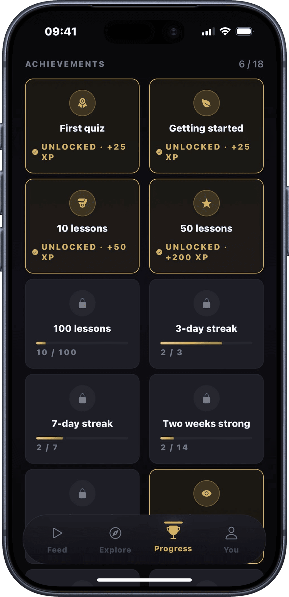 The achievements screen showing First Quiz, Getting Started and other unlocked badges