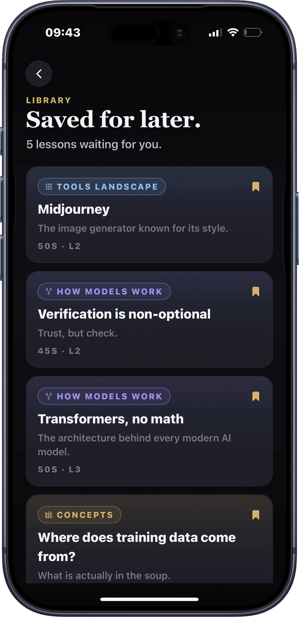 The saved library showing bookmarked lessons across several Scroll tracks